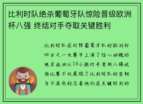 比利时队绝杀葡萄牙队惊险晋级欧洲杯八强 终结对手夺取关键胜利
