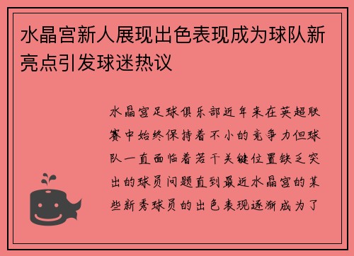 水晶宫新人展现出色表现成为球队新亮点引发球迷热议
