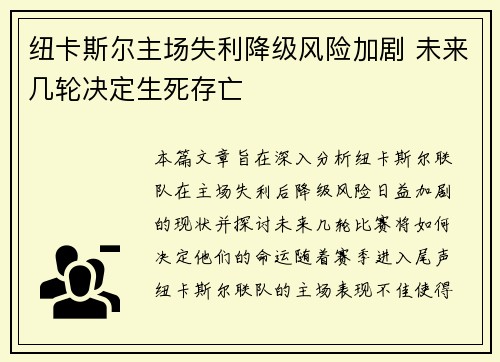 纽卡斯尔主场失利降级风险加剧 未来几轮决定生死存亡