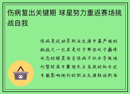伤病复出关键期 球星努力重返赛场挑战自我