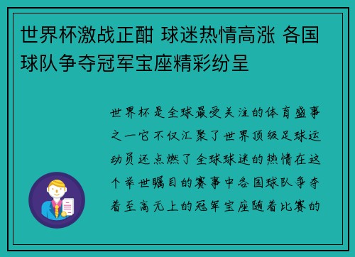 世界杯激战正酣 球迷热情高涨 各国球队争夺冠军宝座精彩纷呈