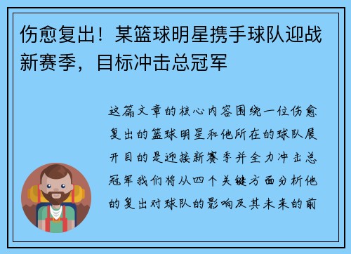 伤愈复出！某篮球明星携手球队迎战新赛季，目标冲击总冠军