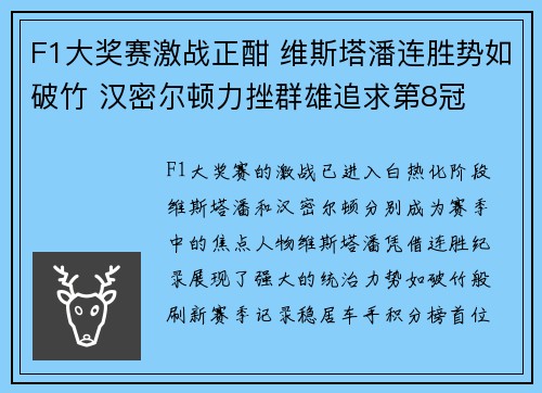 F1大奖赛激战正酣 维斯塔潘连胜势如破竹 汉密尔顿力挫群雄追求第8冠