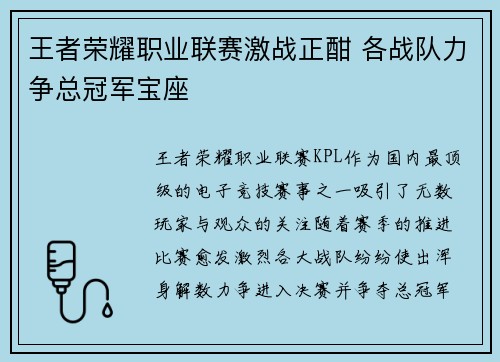 王者荣耀职业联赛激战正酣 各战队力争总冠军宝座